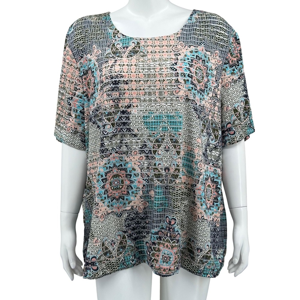 CD Daniels Top Womens 3X Blue Boho Floral Abstract Short Sleeve Artsy Office